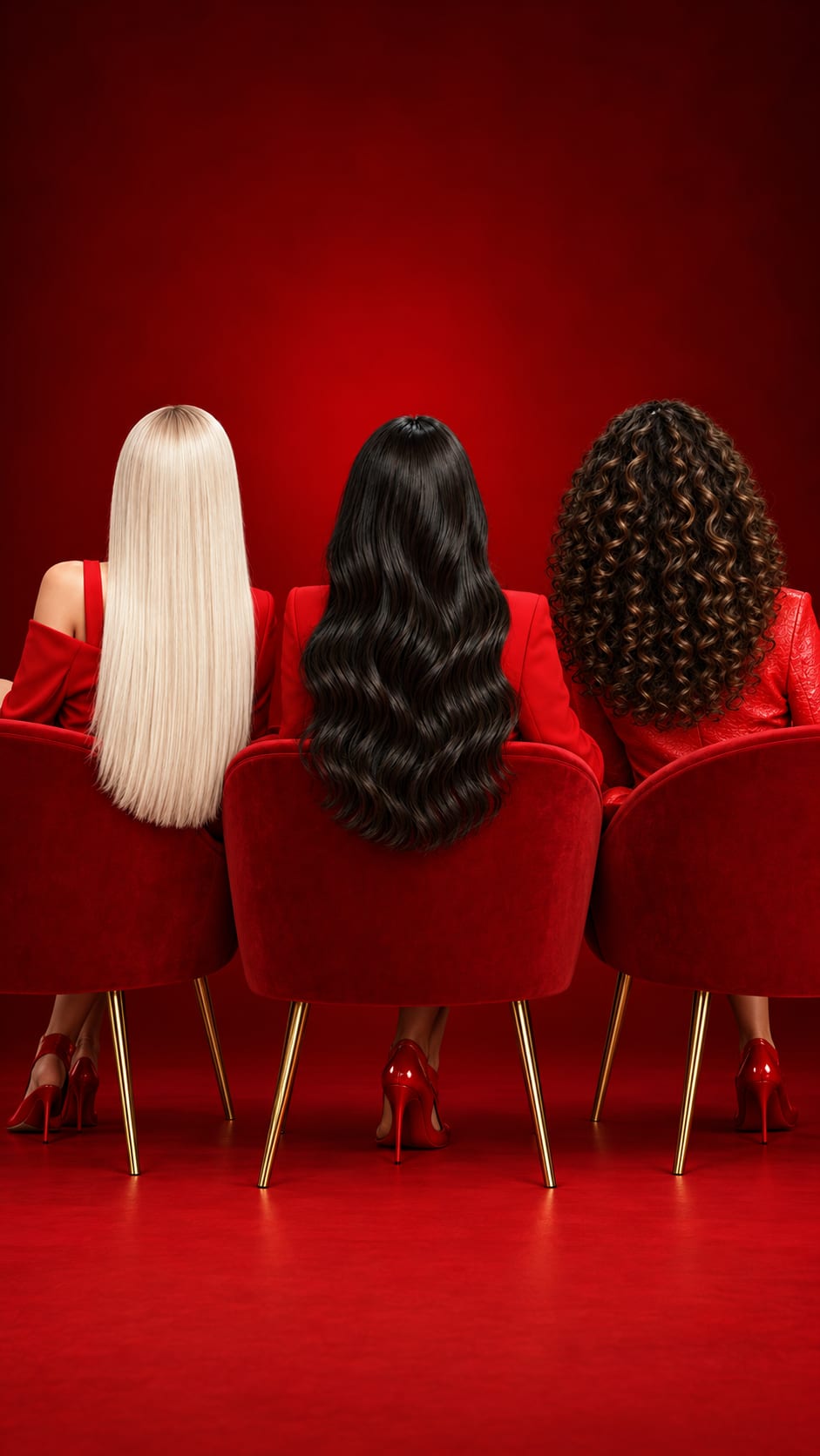 Trois femmes de dos, en rouge, montrant trois textures de cheveux : lisse blond platine, ondulé brun foncé et boucles serrées châtain, sur fond rouge profond